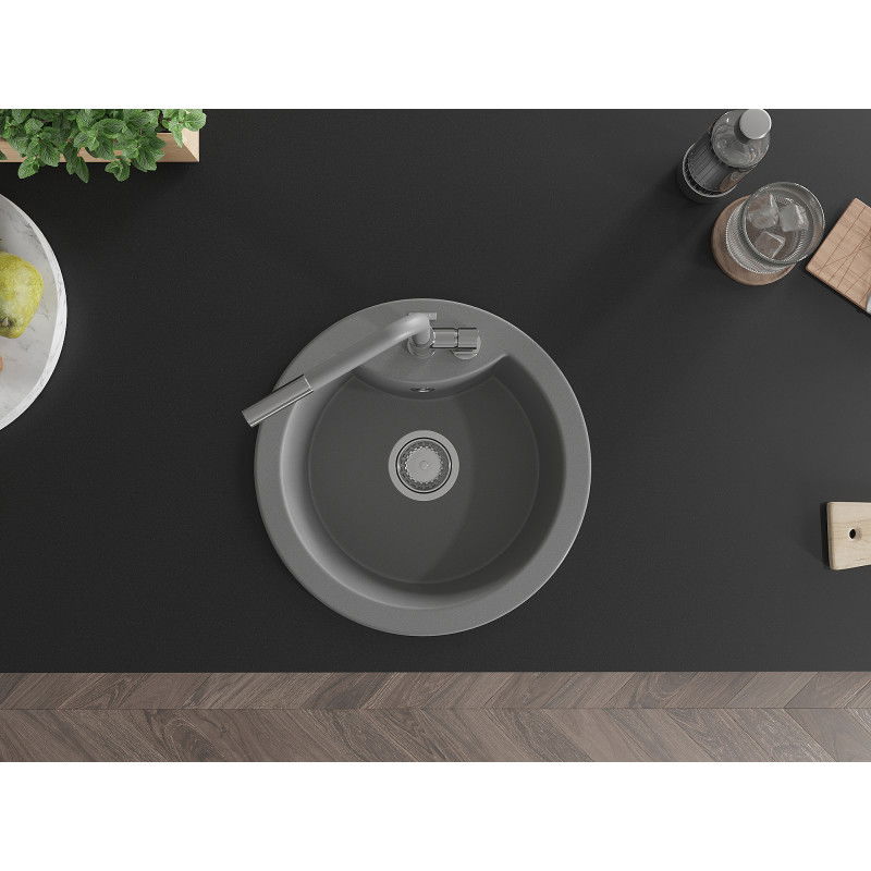 Mexen Diego žulový kuchynský drez s 1 oddelením a kuchynskou batériou Flora, sivý - 6512-71-670401-06