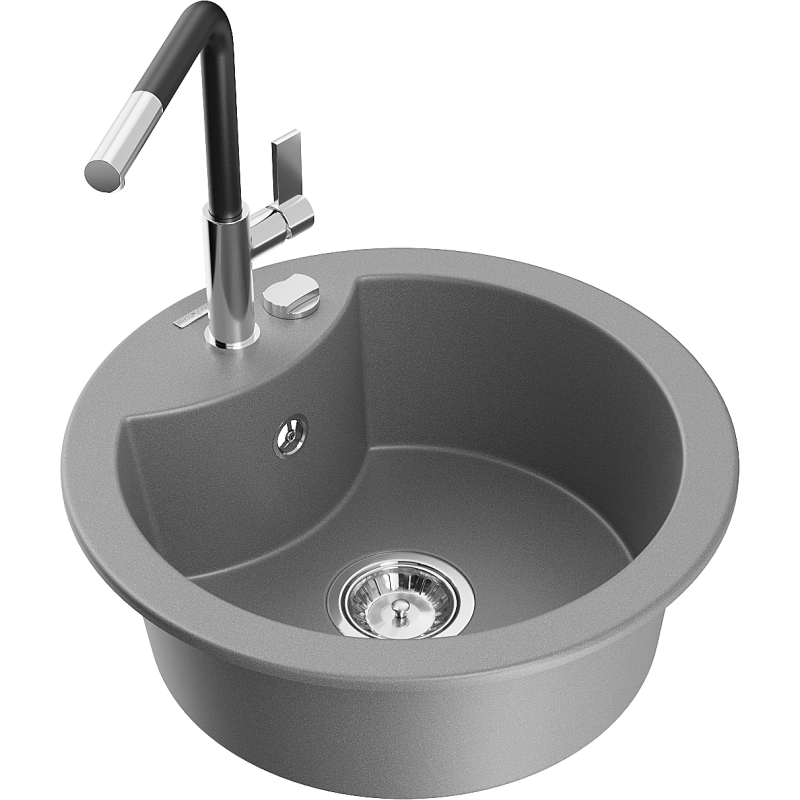 Mexen Diego žulový drez s 1 komorou a kuchynskou batériou Flora, sivý - 6512-71-670401-07