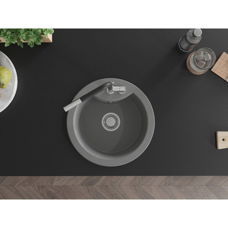 Mexen Diego žulový drez s 1 komorou a kuchynskou batériou Flora, sivý - 6512-71-670401-07