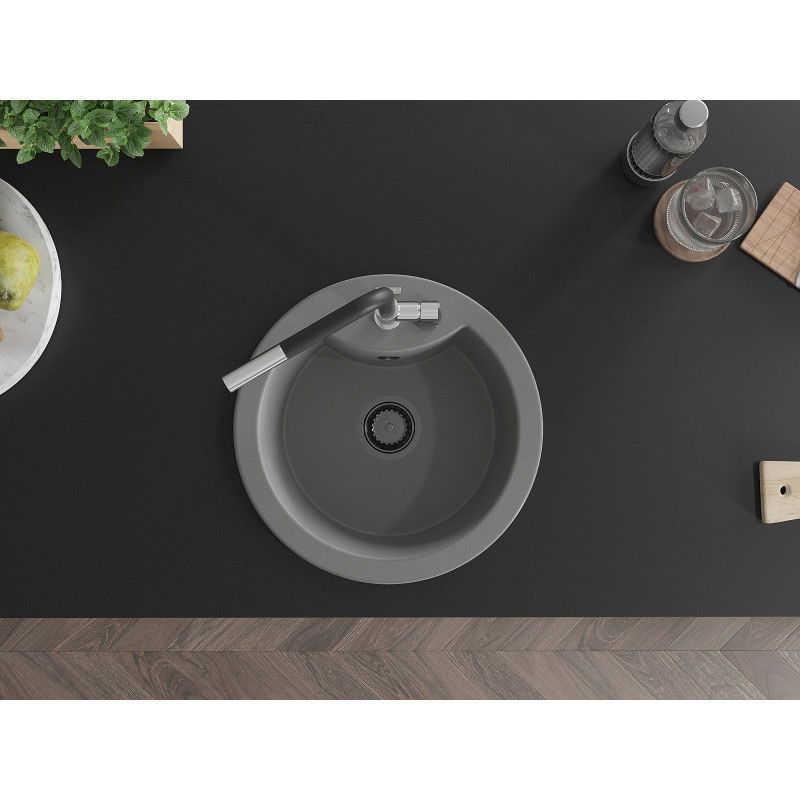 Mexen Diego žulový drez s 1 komorou s kuchynskou batériou Flora, sivý - 6512-71-670401-07-B