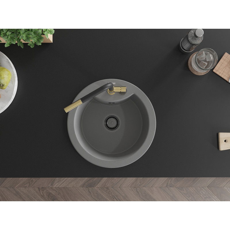 Mexen Diego granitový jednokomorový kuchynský drez s kuchynskou batériou Flora, sivý - 6512-71-670401-57-B