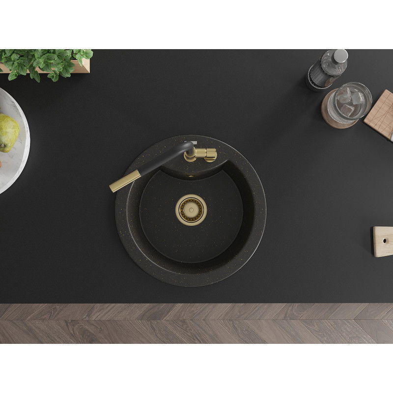 Mexen Diego granitový drez 1-komorový s kuchynskou batériou Flora, čierny/zlatý metalik - 6512-75-670401-57-G