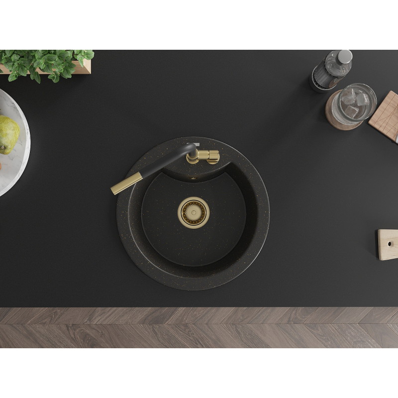 Mexen Diego granitový drez s 1 komorou s kuchynskou batériou Flora, čierny/zlatý metalik - 6512-75-670401-57-G