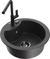 Mexen Diego granitový kuchynský drez s 1 komorou a kuchynskou batériou Flora, čierny škvrnitý - 6512-76-670401-70-B