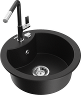 Mexen Diego žulový drezy 1-komorový s kuchynskou batériou Flora, čierny - 6512-77-670401-07