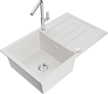 Mexen Bruno granitový drez 1-komorový s odkvapkávačom a kuchynskou batériou Flora, biely - 6513-20-670401-00