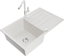 Mexen Bruno granitový drez 1-komorový s odkvapkávačom a kuchynskou batériou Flora, biely - 6513-20-670401-02