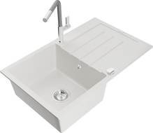 Mexen Bruno granitový drez s odkvapkávacou plochou a kuchynská batéria Flora, biela - 6513-20-670401-06