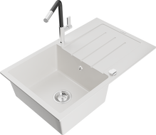 Mexen Bruno žulový drez s 1 komorou a odkvapkávačom a kuchynská batéria Flora, biela - 6513-20-670401-07