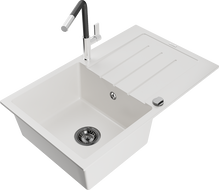 Mexen Bruno granitový drez 1-komorový s odkvapkávačom a kuchynskou batériou Flora, biely - 6513-20-670401-07-B