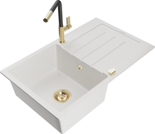 Mexen Bruno žulový drez 1-komorový s odkvapkávačom a kuchynskou batériou Flora, biely - 6513-20-670401-57-G