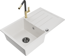 Mexen Bruno žulový kuchynský drez 1-komorový s odkvapkávacou plochou a kuchynskou batériou Flora, biely - 6513-20-670401-57-B