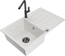 Mexen Bruno žulový drez jednodrezový s odkvapkávačom a kuchynskou batériou Flora, biely - 6513-20-670401-70-B