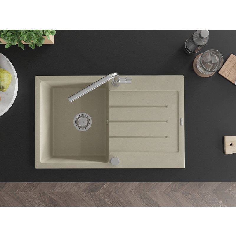 Mexen Bruno granitový drez 1-komorový s odkvapkávačom a kuchynskou batériou Flora, béžový - 6513-69-670401-00