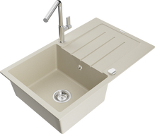 Mexen Bruno žulový kuchynský drez s jednou komorou, s odkvapkávačom a kuchynskou batériou Flora, béžový - 6513-69-670401-00