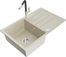 Mexen Bruno granitový jednodrez s odkvapkávačom a kuchynskou batériou Flora, béžová - 6513-69-670401-07