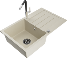 Mexen Bruno granitový drez 1-komorový s odkvapkávačom a kuchynskou batériou Flora, béžový - 6513-69-670401-07-B