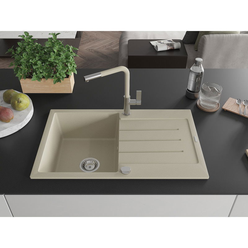 Mexen Bruno žulový kuchynský drez s 1 komorou, odkvapkávačom a kuchynskou batériou Flora, béžový - 6513-69-670401-09