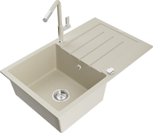 Mexen Bruno žulový kuchynský drez s 1 komorou, odkvapkávačom a kuchynskou batériou Flora, béžový - 6513-69-670401-09