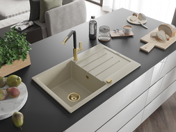 Mexen Bruno granitový kuchynský drez s 1 komorou a odkvapkávačom a kuchynskou batériou Flora, béžová - 6513-69-670401-57-G