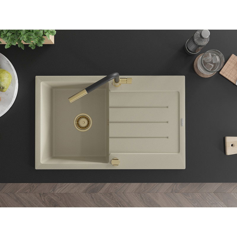 Mexen Bruno granitový kuchynský drez s 1 komorou a odkvapkávačom a kuchynskou batériou Flora, béžová - 6513-69-670401-57-G