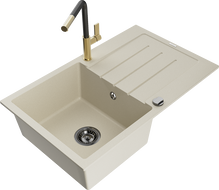 Mexen Bruno žulový drez s 1 komorou a odkvapkávačom a kuchynskou batériou Flora, béžový - 6513-69-670401-57-B