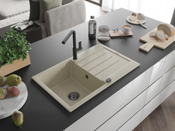 Mexen Bruno granitový kuchynský drez 1-komorový s odkvapkávačom a kuchynskou batériou Flora, béžový - 6513-69-670401-70-B