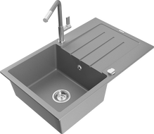 Mexen Bruno žulový kuchynský drez 1-komorový s odkvapkávačom a kuchynskou batériou Flora, sivý - 6513-71-670401-06