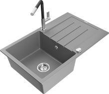 Mexen Bruno žulový drez 1-komorový s odkvapkávačom a kuchynskou batériou Flora, sivý - 6513-71-670401-07