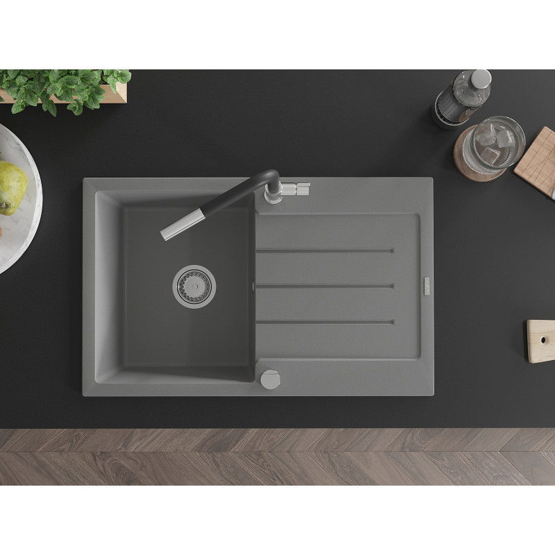 Mexen Bruno žulový drez 1-komorový s odkvapkávačom a kuchynskou batériou Flora, sivý - 6513-71-670401-07