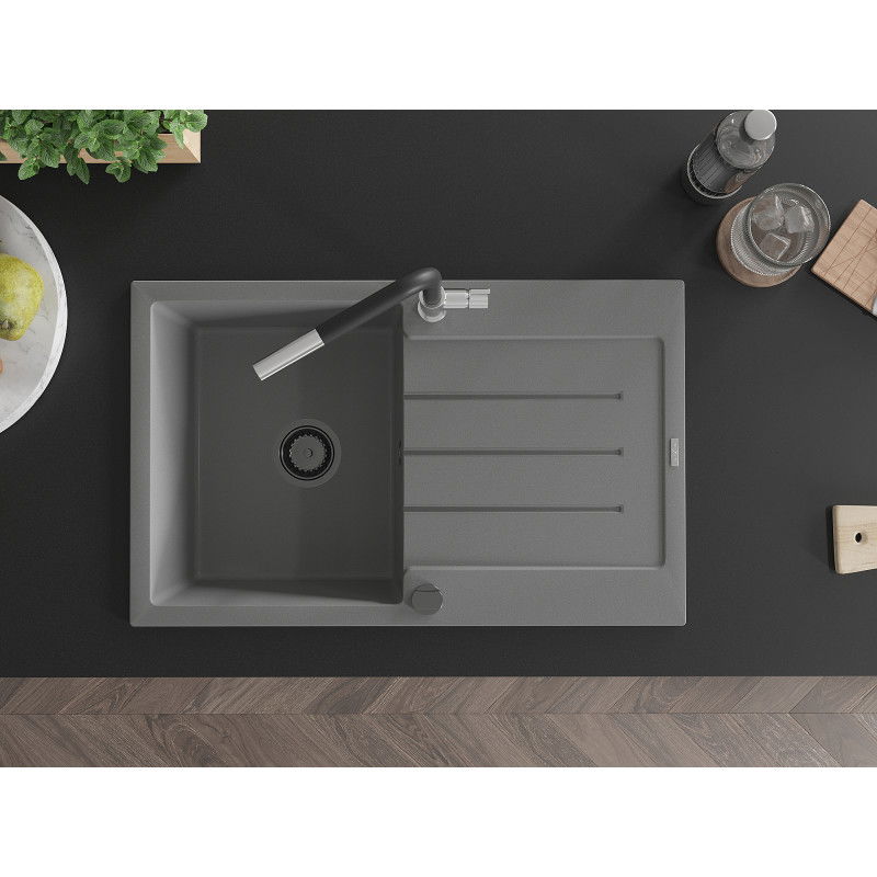 Mexen Bruno granitový drez 1-komorový s odkvapkávačom a kuchynskou batériou Flora, sivý - 6513-71-670401-07-B