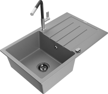 Mexen Bruno granitový drez 1-komorový s odkvapkávačom a kuchynskou batériou Flora, sivý - 6513-71-670401-07-B
