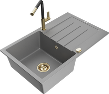 Mexen Bruno žulový kuchynský drez s 1 komorou a odkvapkávačom a kuchynskou batériou Flora, sivý - 6513-71-670401-57-G