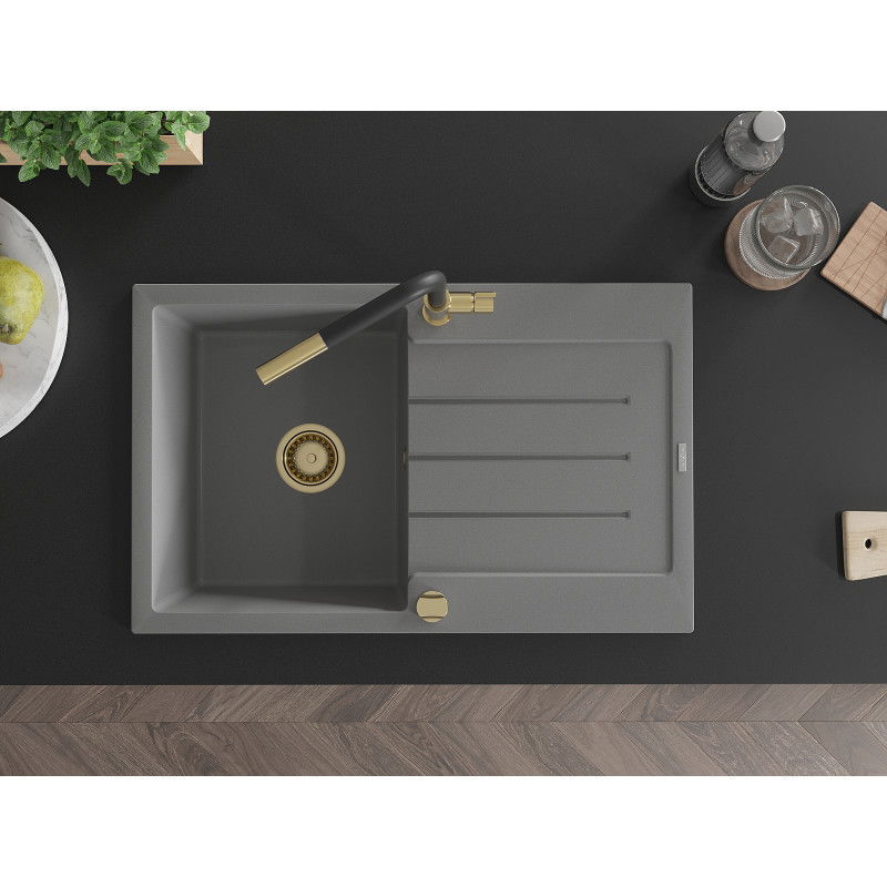 Mexen Bruno žulový kuchynský drez s 1 komorou a odkvapkávačom a kuchynskou batériou Flora, sivý - 6513-71-670401-57-G