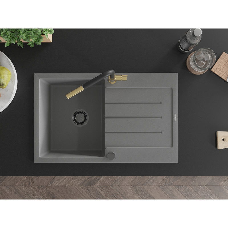Mexen Bruno jednokomorový granitový drez s odkvapkávačom a kuchynskou batériou Flora, sivý - 6513-71-670401-57-B