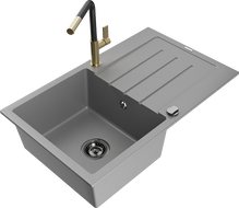 Mexen Bruno jednokomorový granitový drez s odkvapkávačom a kuchynskou batériou Flora, sivý - 6513-71-670401-57-B