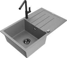 Mexen Bruno žulový drez 1-komorový s odkvapkávadlom a kuchynskou batériou Flora, sivý - 6513-71-670401-70-B