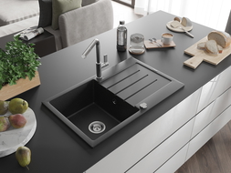 Mexen Bruno granitový drez s 1 komorou s odkvapkávačom a kuchynskou batériou Flora, čierny/strieborný metalik