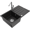 Mexen Bruno granitový drez s 1 komorou s odkvapkávačom a kuchynskou batériou Flora, čierny/strieborný metalik