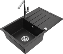 Mexen Bruno granitový drez s 1 komorou s odkvapkávačom a kuchynskou batériou Flora, čierny/strieborný metalik