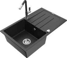 Mexen Bruno granitový drez s 1 komorou s odkvapkávačom a kuchynskou batériou Flora, čierno/strieborný metalik