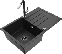 Mexen Bruno granitový jednodrez s odkvapkávačom a kuchynskou batériou Flora, čierny/strieborný metalík