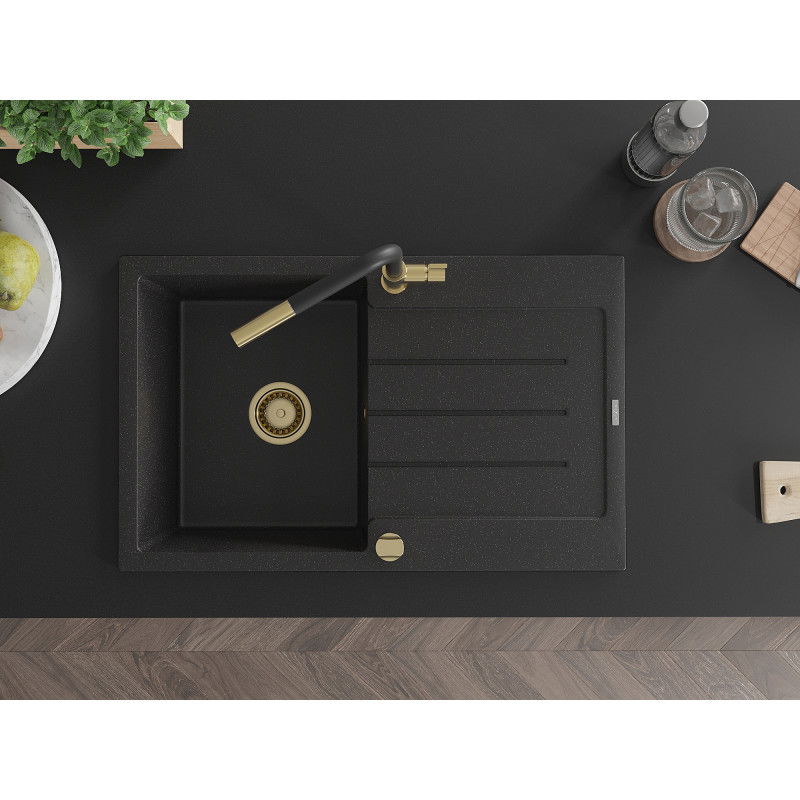 Mexen Bruno granitový jednodrez s odkvapkávačom a kuchynskou batériou Flora, čierny/strieborný metalický