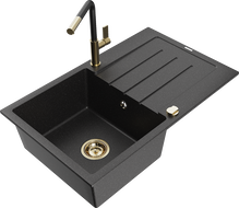 Mexen Bruno granitový jednodrez s odkvapkávačom a kuchynskou batériou Flora, čierny/strieborný metalický