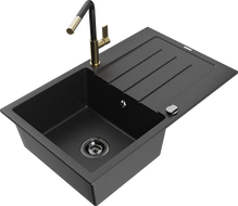 Mexen Bruno žulový drez s 1-komorou odkvapkávacou plochou a kuchynskou batériou Flora, čierny/strieborný metalíza