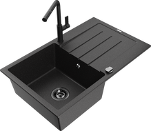 Mexen Bruno žulový kuchynský drez s 1 komorou s odkapávačom a kuchynskou batériou Flora, čierny/strieborný metalický