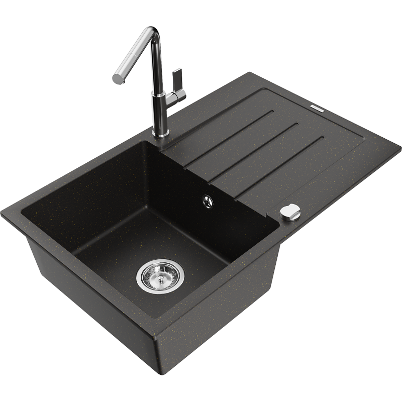 Mexen Bruno granitový jednodrez s odkvapkávačom a kuchynskou batériou Flora, čierny/zlatý metalický - 6513-75-670401-00