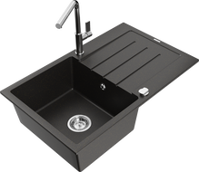 Mexen Bruno granitový jednodrez s odkvapkávačom a kuchynskou batériou Flora, čierny/zlatý metalický - 6513-75-670401-00