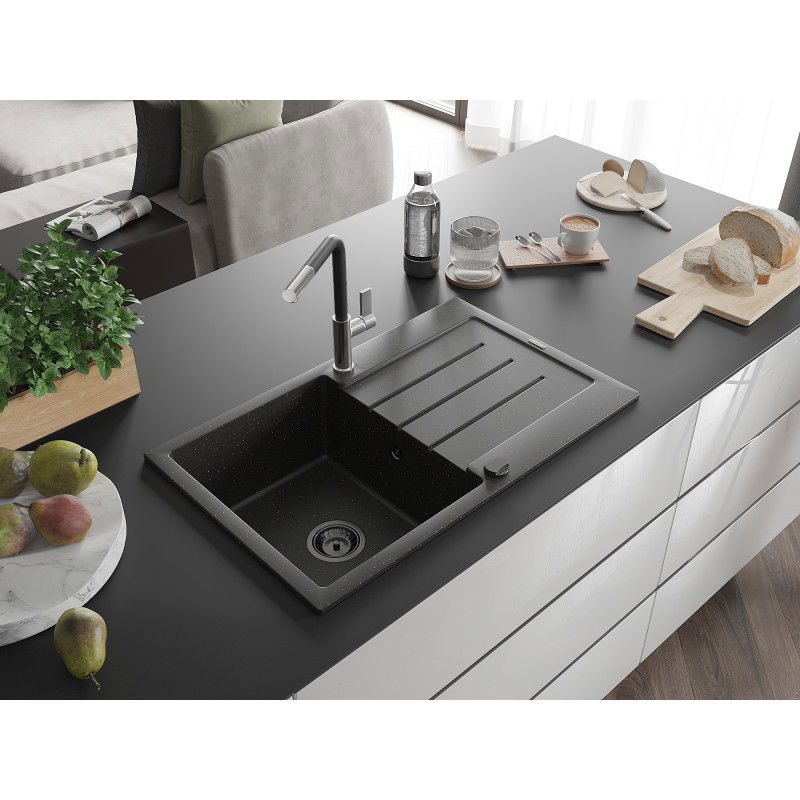 Mexen Bruno granitový drez s 1 komorou s odkvapkávačom a kuchynskou batériou Flora, čierny/zlatý metalik