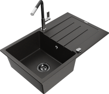 Mexen Bruno granitový drez s 1 komorou s odkvapkávačom a kuchynskou batériou Flora, čierny/zlatý metalik